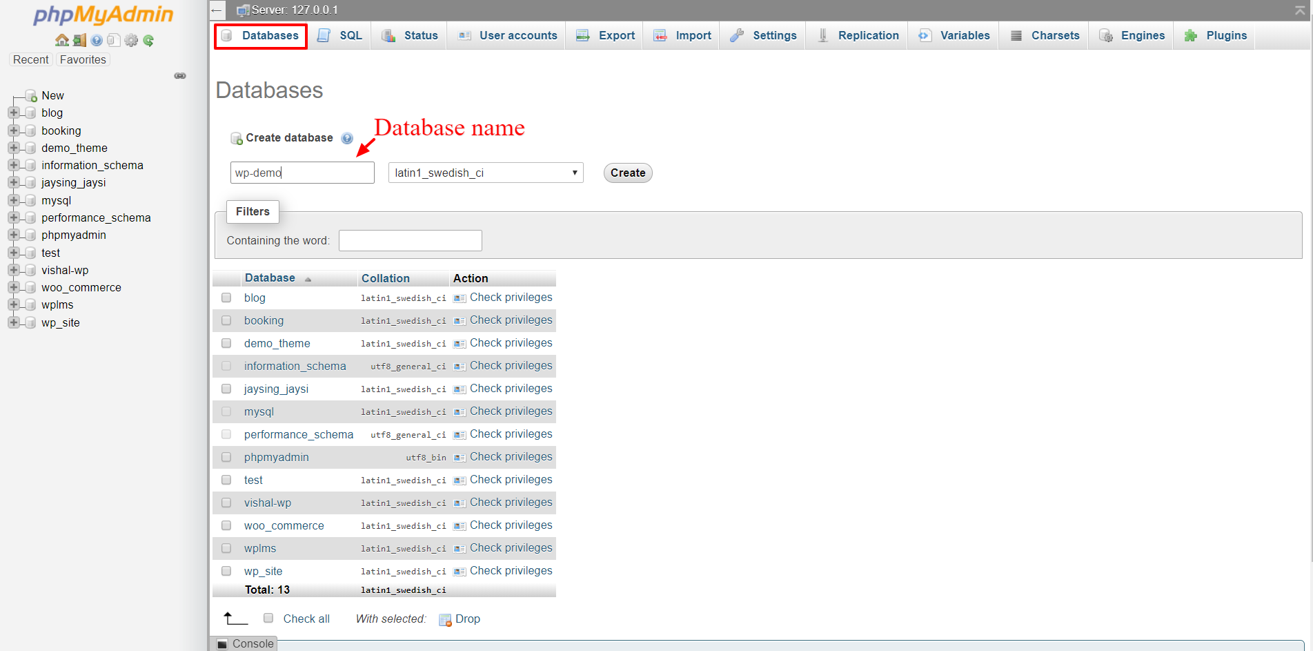 Wordpress installtion create database