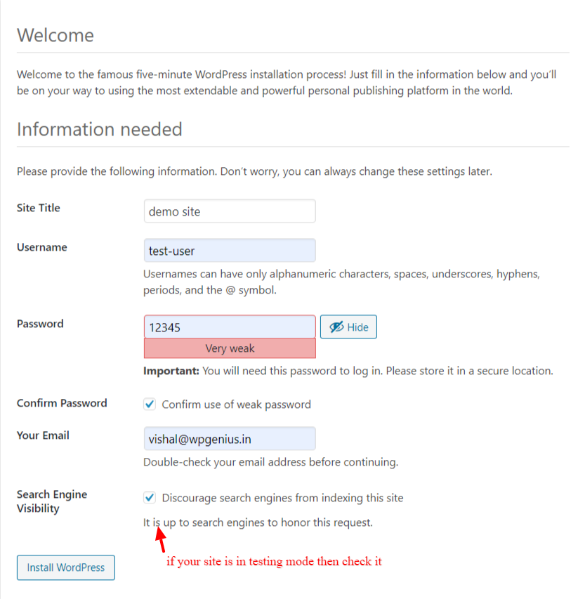 wordpress installation site information setup