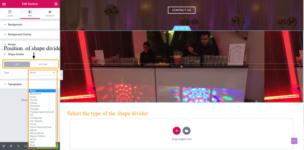 How to add shape divider using elementor